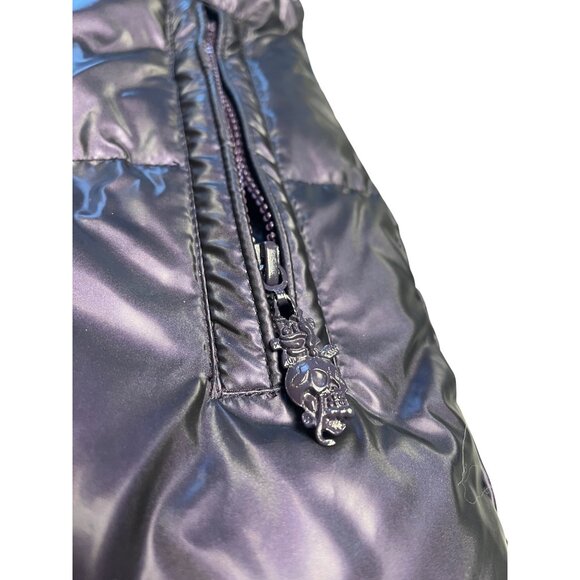 Ed Hardy Mens XXL purple Puffer Vest Snake & Skull Embroidery Down hood Y2K - Picture 9 of 15